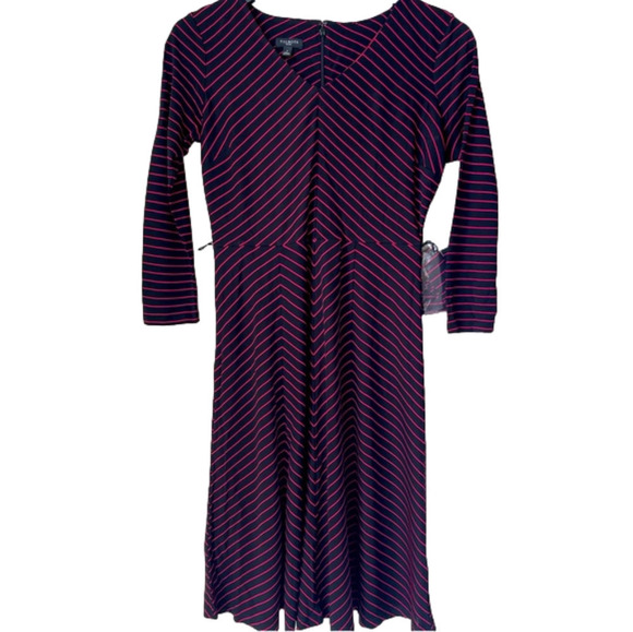 Talbots Black Pink Striped 3/4 Sleeve Belted Jersey Knit Dress - Picture 1 of 10